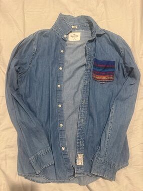 Hollister Light Blue Denim Shirt with Multi-Stripe Pocket